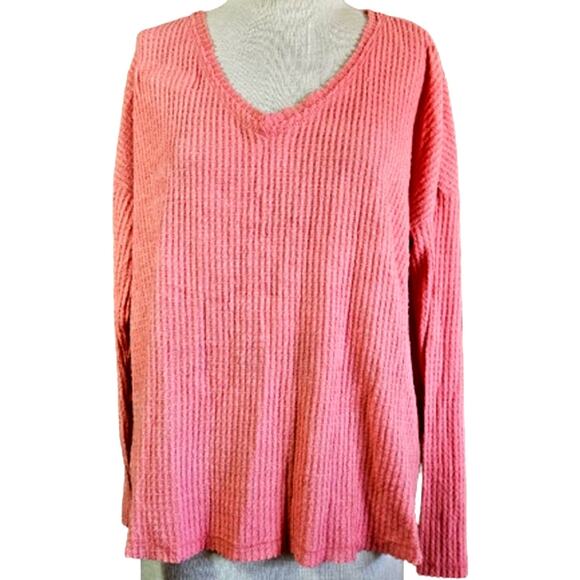 Coral V Neck Waffle Long Sleeve Sweater Size Small - Picture 1 of 5